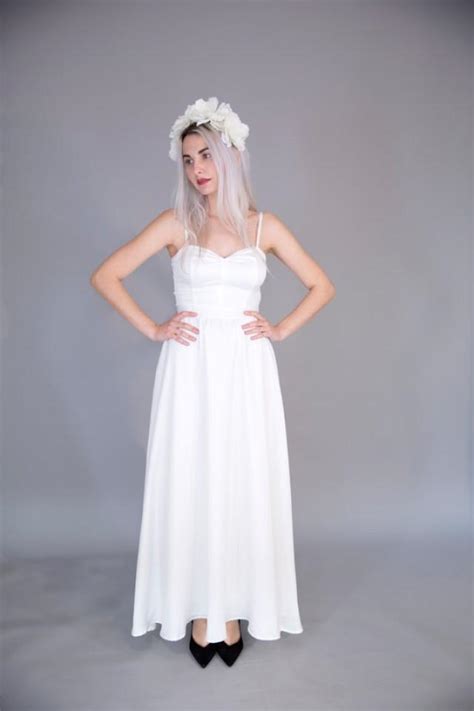 White Satin Wedding Gown Floor Length Simple Bridal Gown Spaghetti