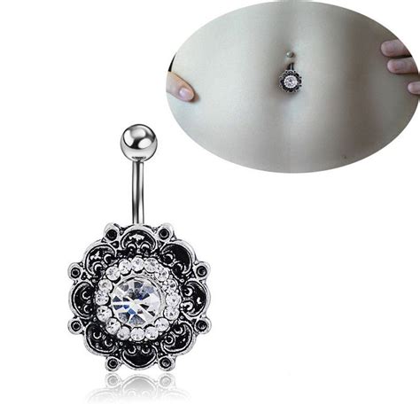 Retro Flower Body Piercing Jewelry Navel Ring Belly Button Ring Crystal Rhinestone Barbell Bar