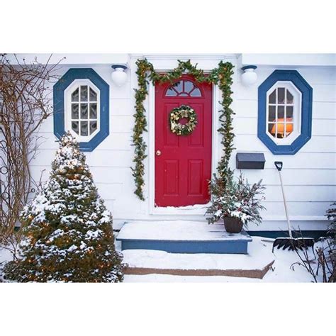 Photography Backdrops White House Blue Window Red Door Christmas Wreath