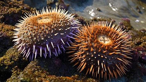 Two Sea Urchins With Spikes Sit On Rocks In The Ocean Background Sea