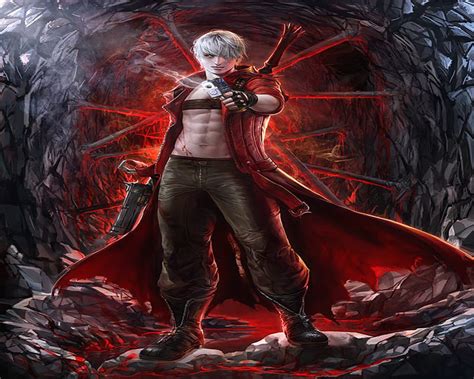 Dante Swords Male White Hair Video Game Game Capcom Devil May Cry Fire Hd Wallpaper