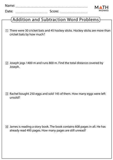 Addition And Subtraction Word Problems Worksheets With Answer Key