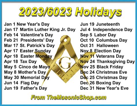 Free Printable 20236023 Holidays From The Masonic Shop