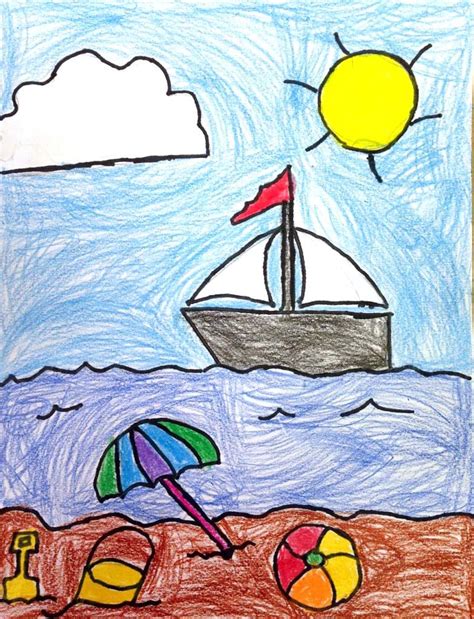 Easy How To Draw A Beach Tutorial And Beach Coloring Page Art