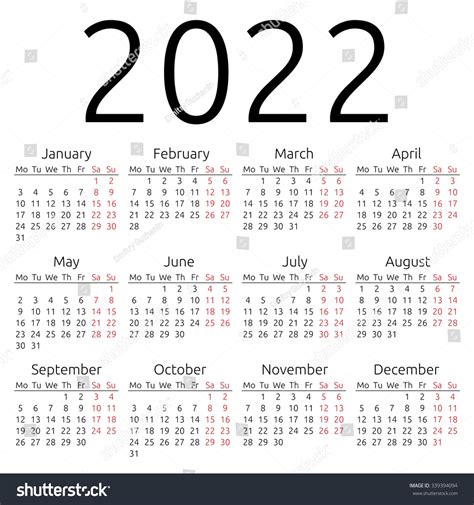 Simple 2022 Year Calendar Week Starts Stock Vector 339394094 Shutterstock