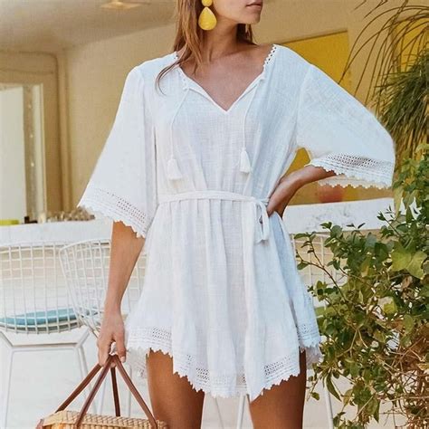 White Cotton High Collar Cover Up2019 Women Swimsuit Cover Up Sleeve