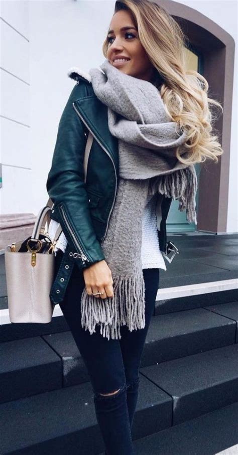 Green Leather Jacket Outfit Winter Clothing Leather Jacket Street