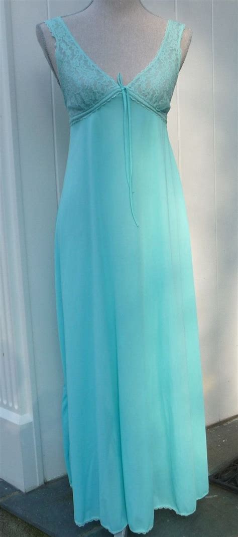 Dreamy Vintage Nightgown Night Gown Aqua Blue Turquoise 1970s 70s Full