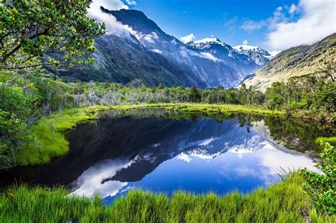 Nature Landscape Summer Lake Reflection Mountain Grass Forest Snowy Peak Clouds New