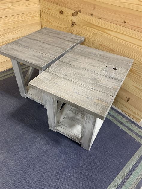 Long Rustic Farmhouse End Tables Gray White Wash Top with a Distressed 