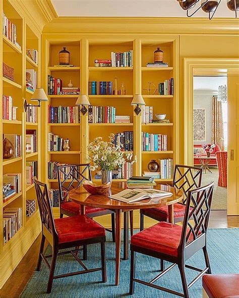Cheery Yellow Library Shelves Home Interior Design Built In Bookcase