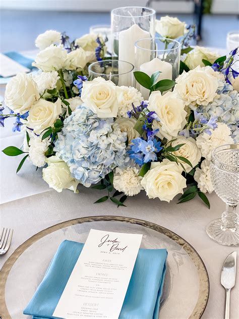 Romantic White And Blue Flower Centerpiece Flower Centerpieces