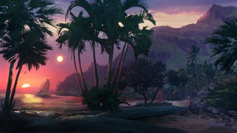 Download Wallpaper 3840x2160 Sunset Beach Palm Trees Sea Art 4k Uhd 169 Hd Background