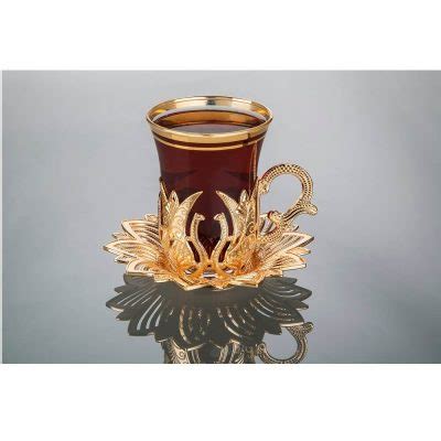 Ahsen Gold Color Turkish Tea Cups And Saucers Set Tulip Design
