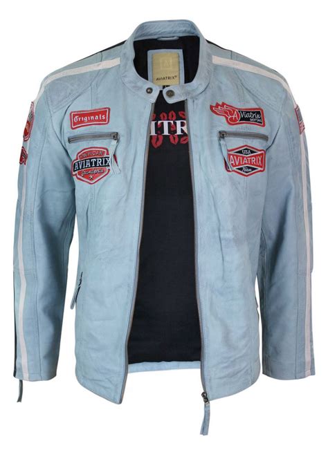 Aviatrix Men's Light Blue Biker Leather Jacket | Happy Gentleman