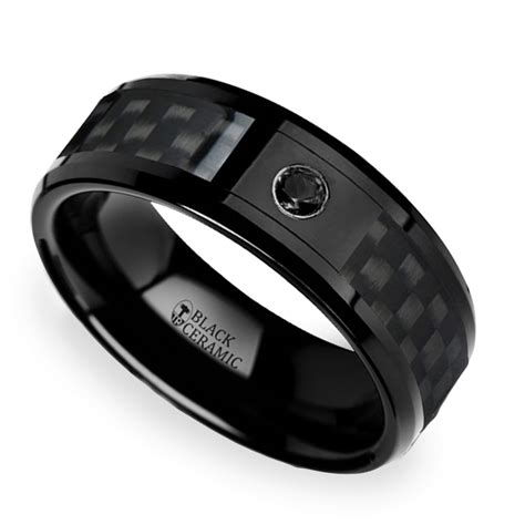Aberdeen Black Ceramic Ring Black Diamond Wedding Band Clack Carbon Fiber Inlay 8mm V1 