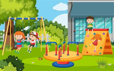 Children Playing In Front Of School Playground Stock Vector