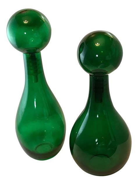 mid century green glass bottles a pair chairish