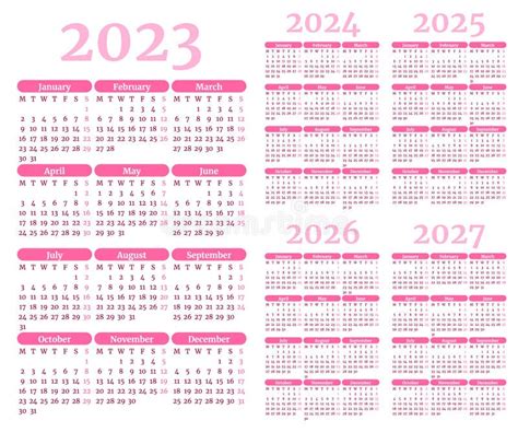 Conjunto De Plantillas De Calendario Mensuales Para 2023 2024 2025 2026