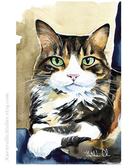 Original Cat Painting Handmade Watercolor Calico Cat Artwork Pet Art