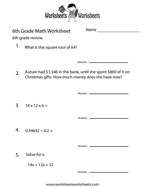 Printable 6th Grade Worksheets