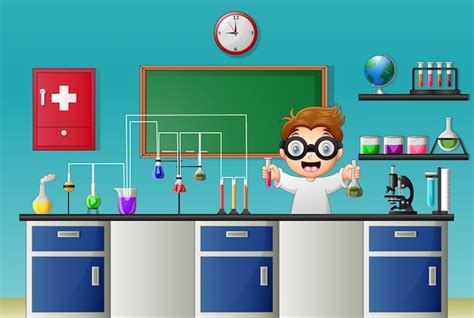 Niño De Dibujos Animados Haciendo Experimento Químico En El Laboratorio