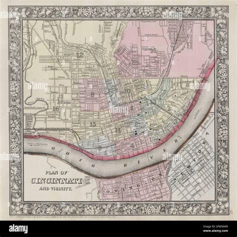 Vintage Copper Engraved Map Of Cincinnati City From 19th Century All
