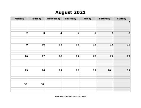 August 2021 Printable Calendar Monthly Templates