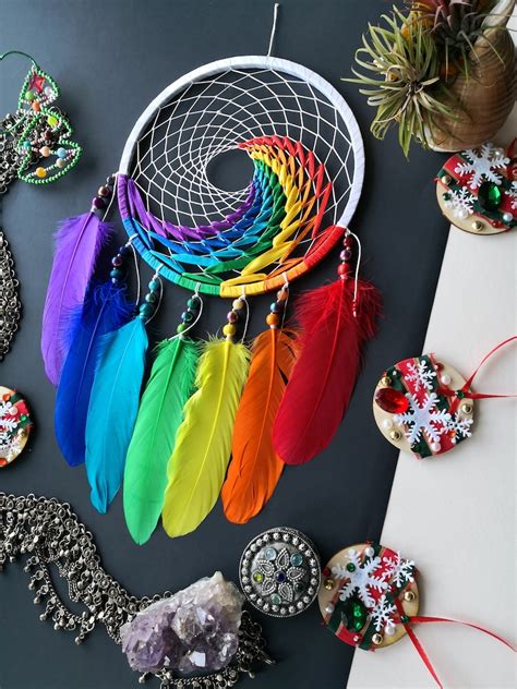 Rainbow Dream Catcher Colorful Handmade Traditional Feather Etsy