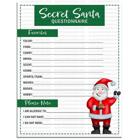 Secret Santa T Exchange Printable Questionnaire Artofit