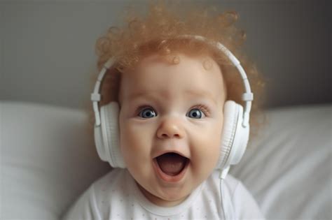 Alegre Bebé Sorprendido De 6 Meses Usando Auriculares Para Escuchar