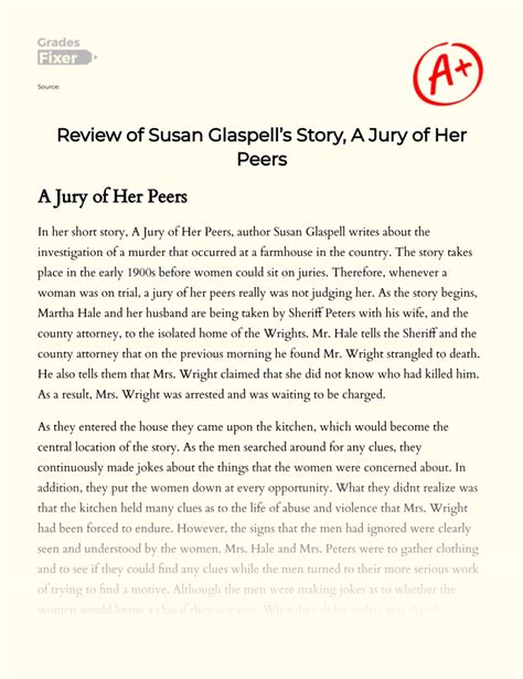 Review Of Susan Glaspells Story A Jury Of Her Peers Essay Example 1733 Words Gradesfixer