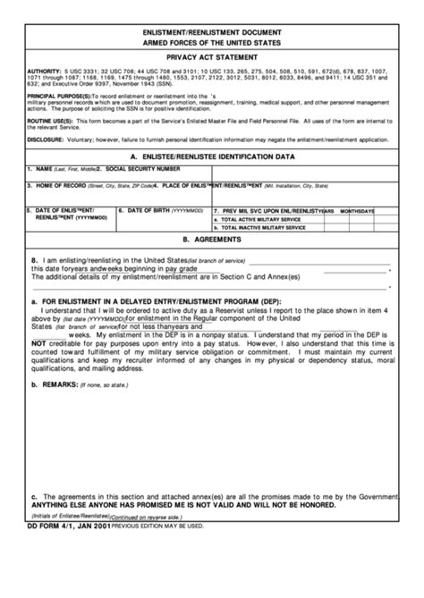 Fillable Dd Form 41 Enlistmentreenlistment Document Armed Forces Of