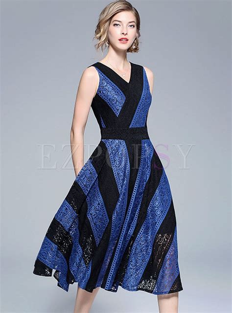Brief Striped Contrast Color Lace Midi Dress A Line Dress Lace A Line Dress Lace Midi Dress