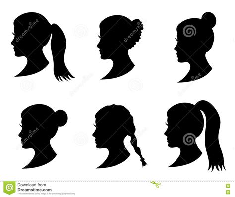 Set Of Black Silhouette Girl Head With Different Hairstyle Tail