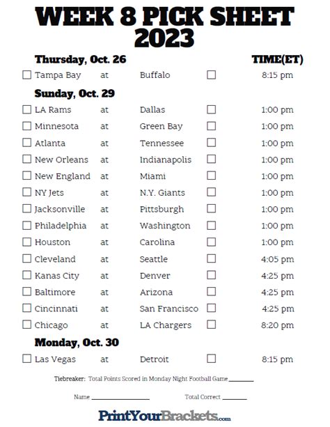 Printable Nfl Week 8 Schedule Pick Em Pool 2023