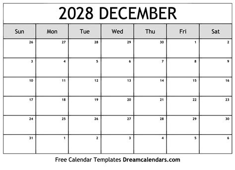 December 2028 Calendar - Free Printable with Holidays and Observances