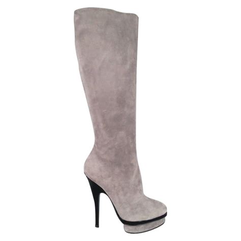 Ysl Size Gray Suede Stacked Platform Knee High Boots At Stdibs