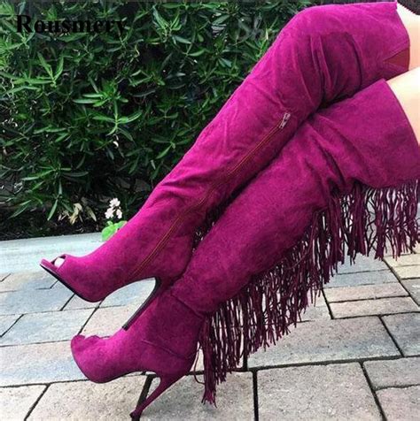 Hot Selling Women Fashion Open Toe Pink Suede Leather Over Knee Tassels High Heel Boots Sexy