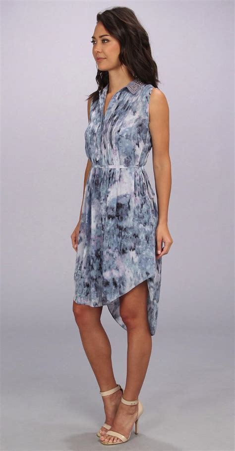 Rebecca Taylor Blue Print Pintuck Sleeveless Silk Shirtdress Belted