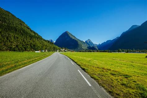 Norwegian Landscape With Road And Green Mountains Norway Stock Image