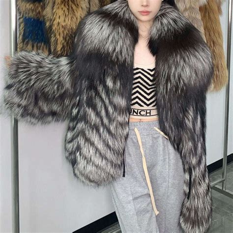 Q Furdream Cm Genuine Sliver Fox Fur Coats With Lapel Collar Warm Fashion Luxury Women Nature