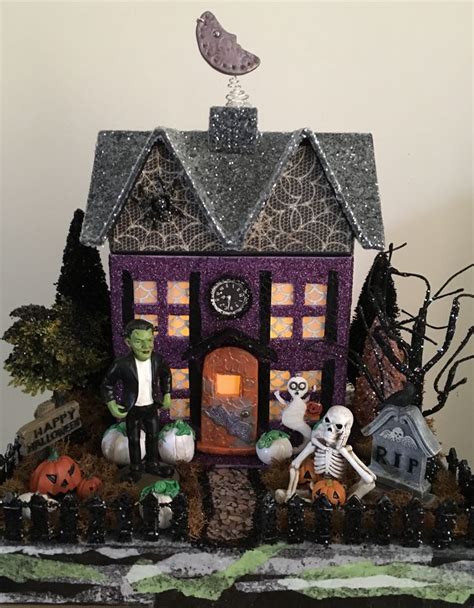 Halloween Light Up Putz Glitter House With Frankenstein And Skeleton Figurines And Bottl