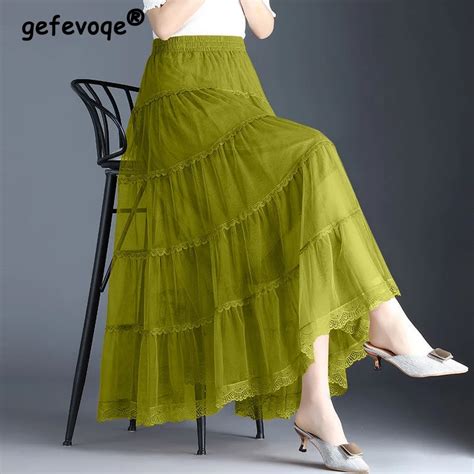 Women Summer Mesh Lace Patchwork High Waist Elegant Long Skirts Fashion Casual Solid Sweet Chic