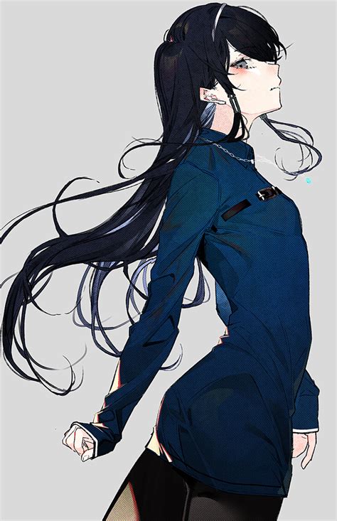 safebooru 1girl absurdres arched back arm behind back ass bangs black hair black legwear blue