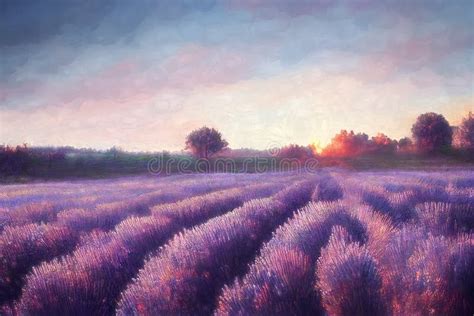 Beautiful Purple Lavender Field At Sunset Painting Effect Stock