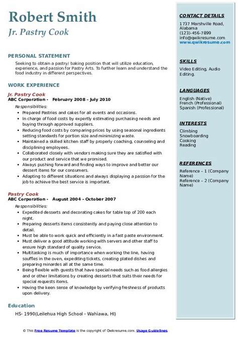 Pastry Cook Resume Samples Qwikresume