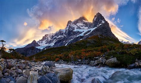 Nature Mountain River Sunrise Torres Del Paine Chile Snowy Peak