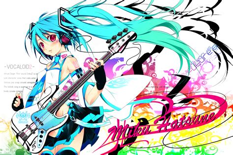 Aqua Hair Blush Gloves Guitar Hatsune Miku Headphones Instrument Long