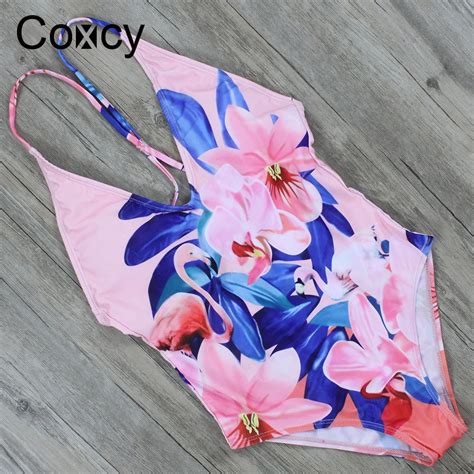 Coxcy One Piece Swimsuit Sexy Flowers Swimwear Women Bathing Suit Vintage Monokini Bodysuit